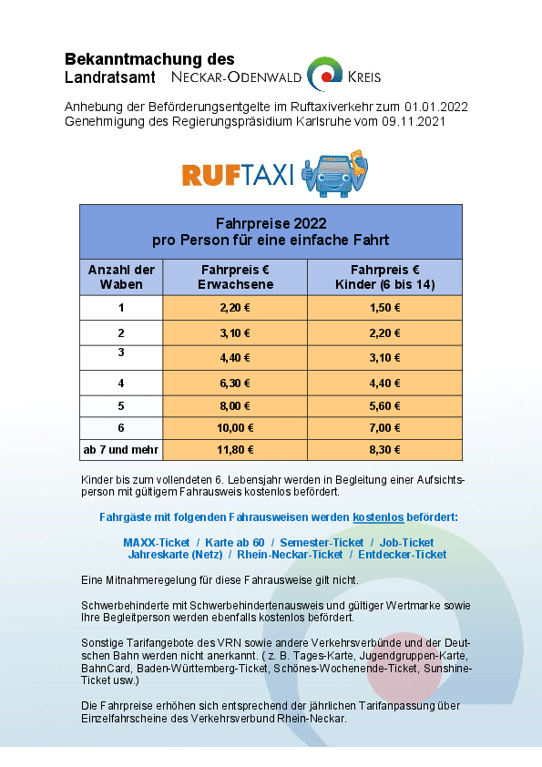 Preistafel Ruf-Taxi